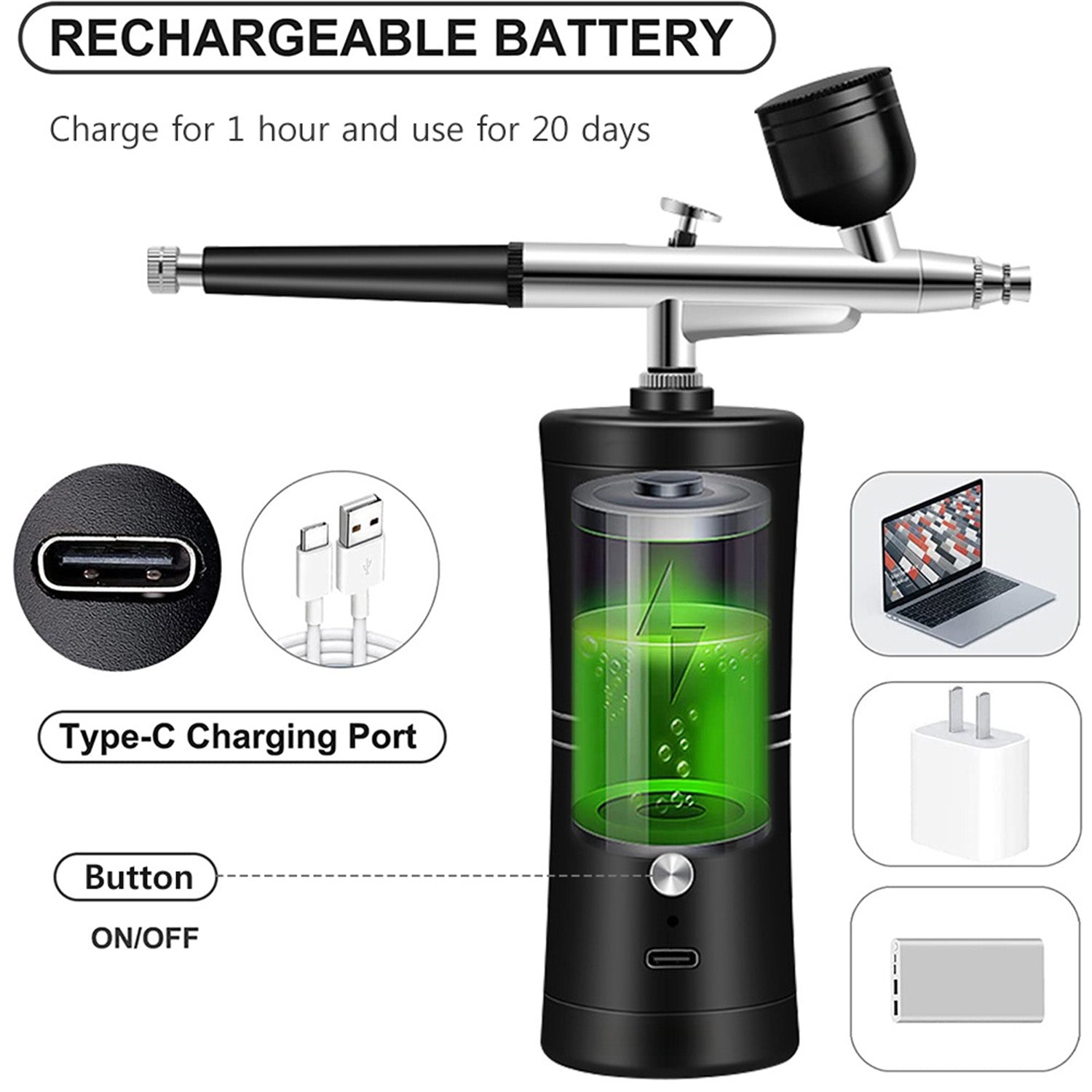 🎨🔥 Rechargeable Cordless Airbrush Kit 30PSI | 10-in-1 Pro Spray Gun⚡60 Min Runtime🌟【Nails/Cake/Barber】Portable Compressor for Makeup, Painting, Cookie Decor (Black) 🎨🔥 Rechargeable Cordless Airbrush Kit 30PSI | 10-in-1 Pro Spray Gun⚡60 Min Runtime🌟【Nails/Cake/Barber】Portable Compressor for Makeup, Painting, Cookie Decor (Black)
